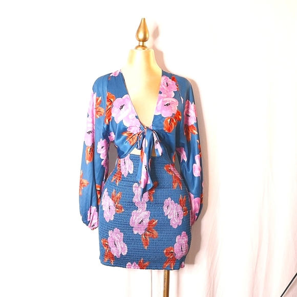 Free People Cassie Women Mini Dress Size SmalFloral V Neck Long Sleeve - Picture 2 of 11